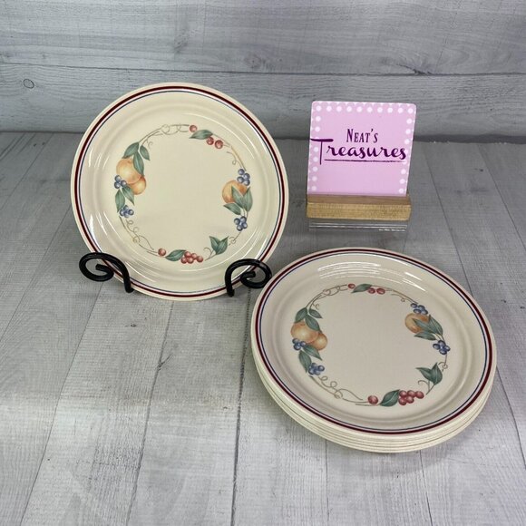 Corelle ABUNDANCE Cornerstone Beige Fruits BlueMaroon Bands Lunch Plates Set 7
